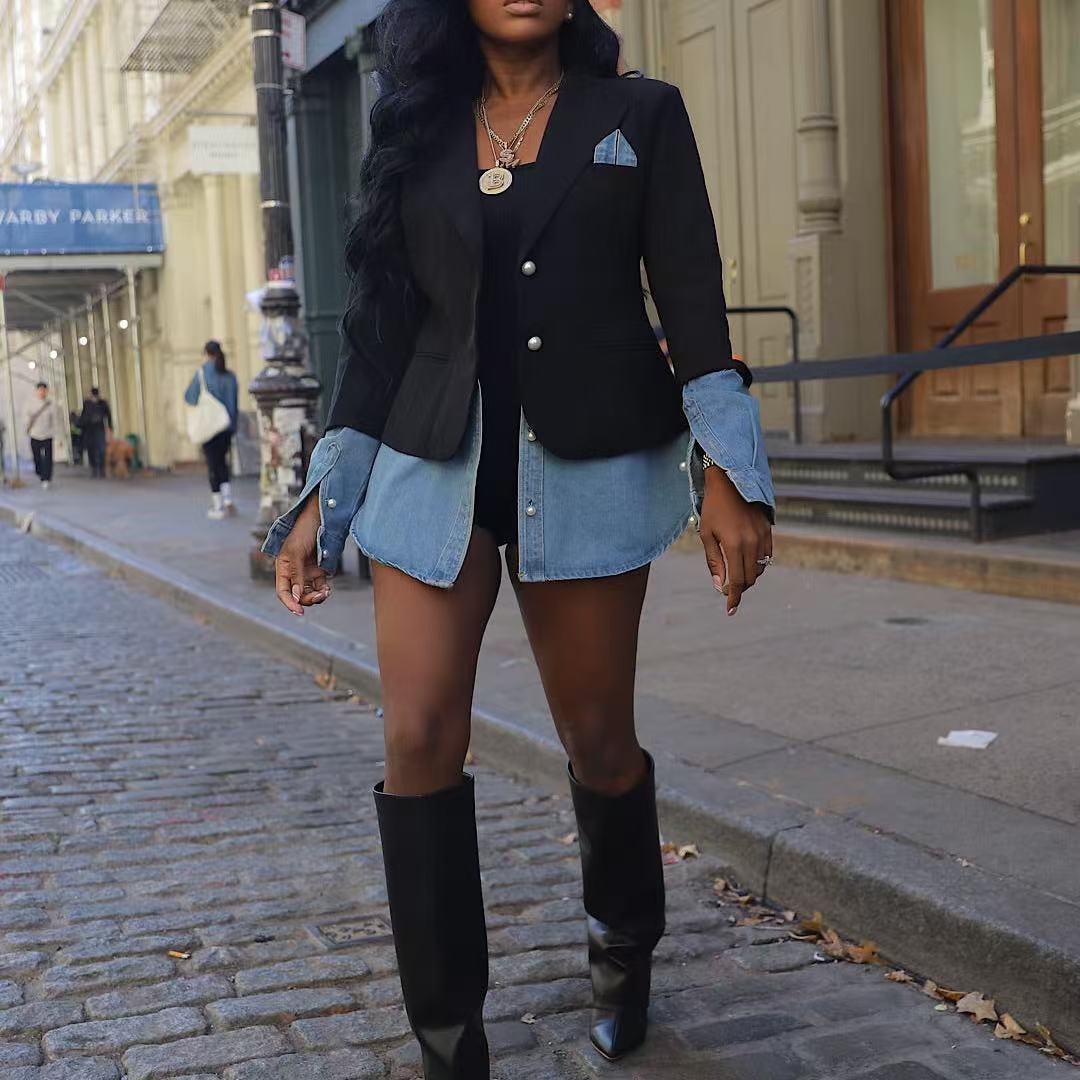 Splicing denim suit jacket