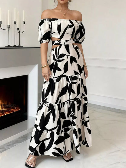 Off-Shoulder Cutout Leaf Print Dress