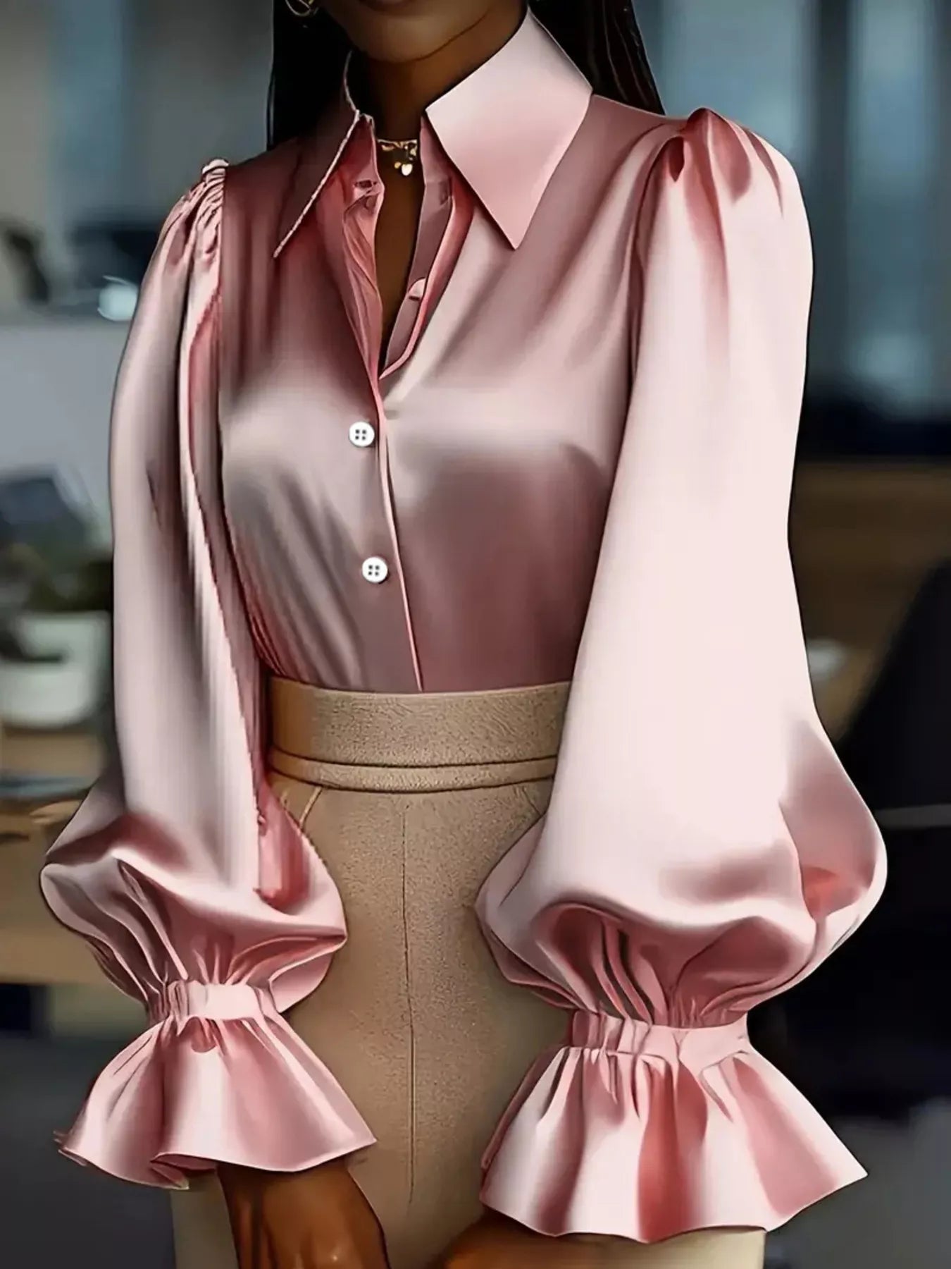 Satin Button Up Flounce Sleeve Shirt
