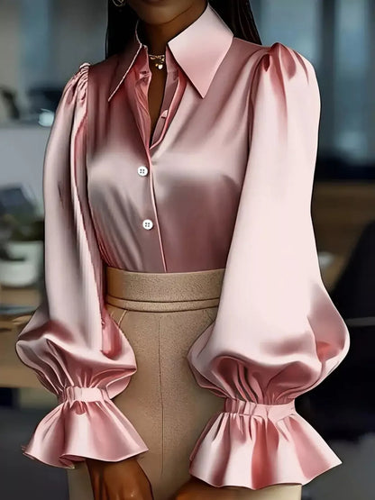 Satin Button Up Flounce Sleeve Shirt
