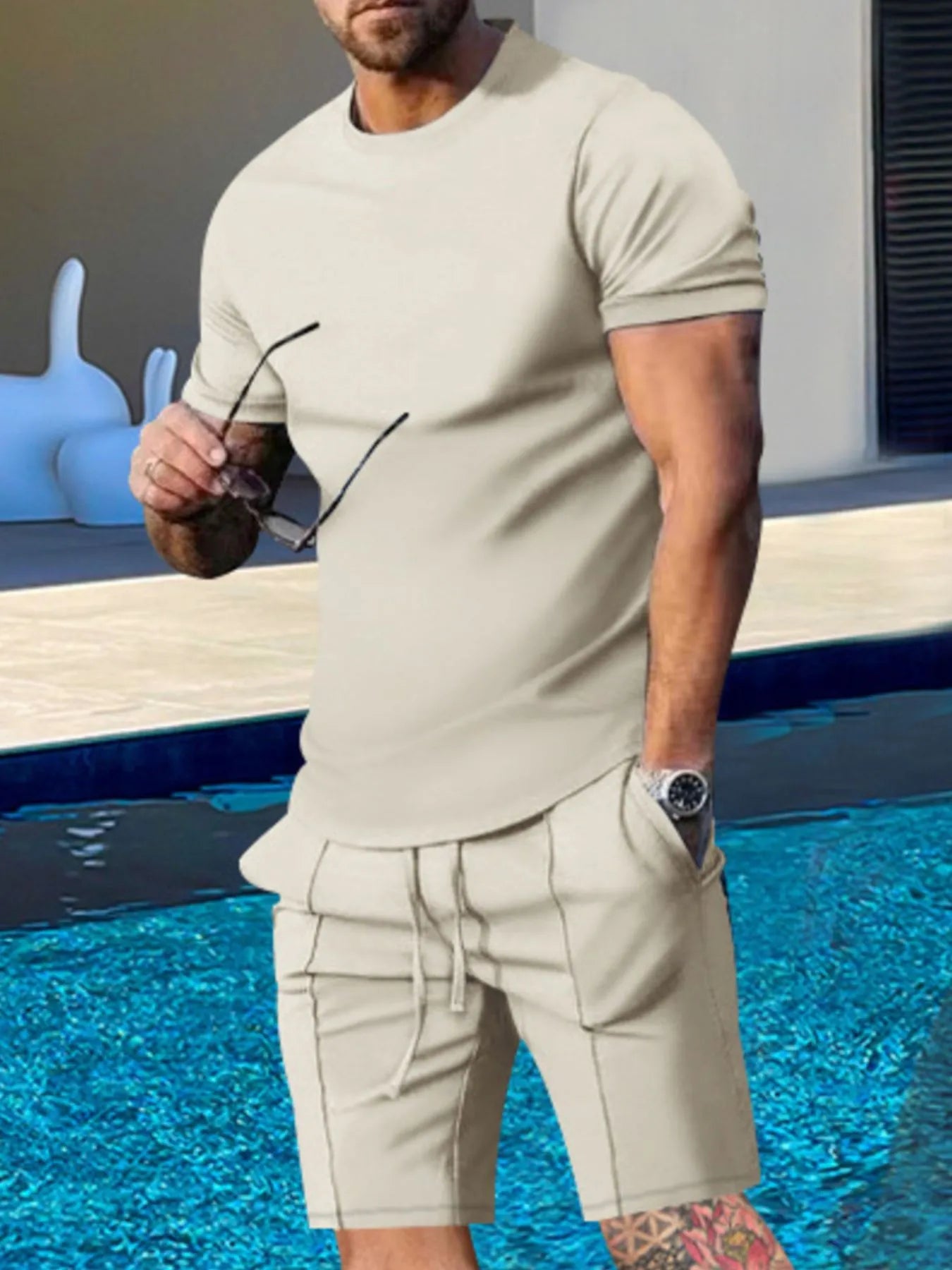 Men's Round Neck Short Sleeve Top and Shorts Set