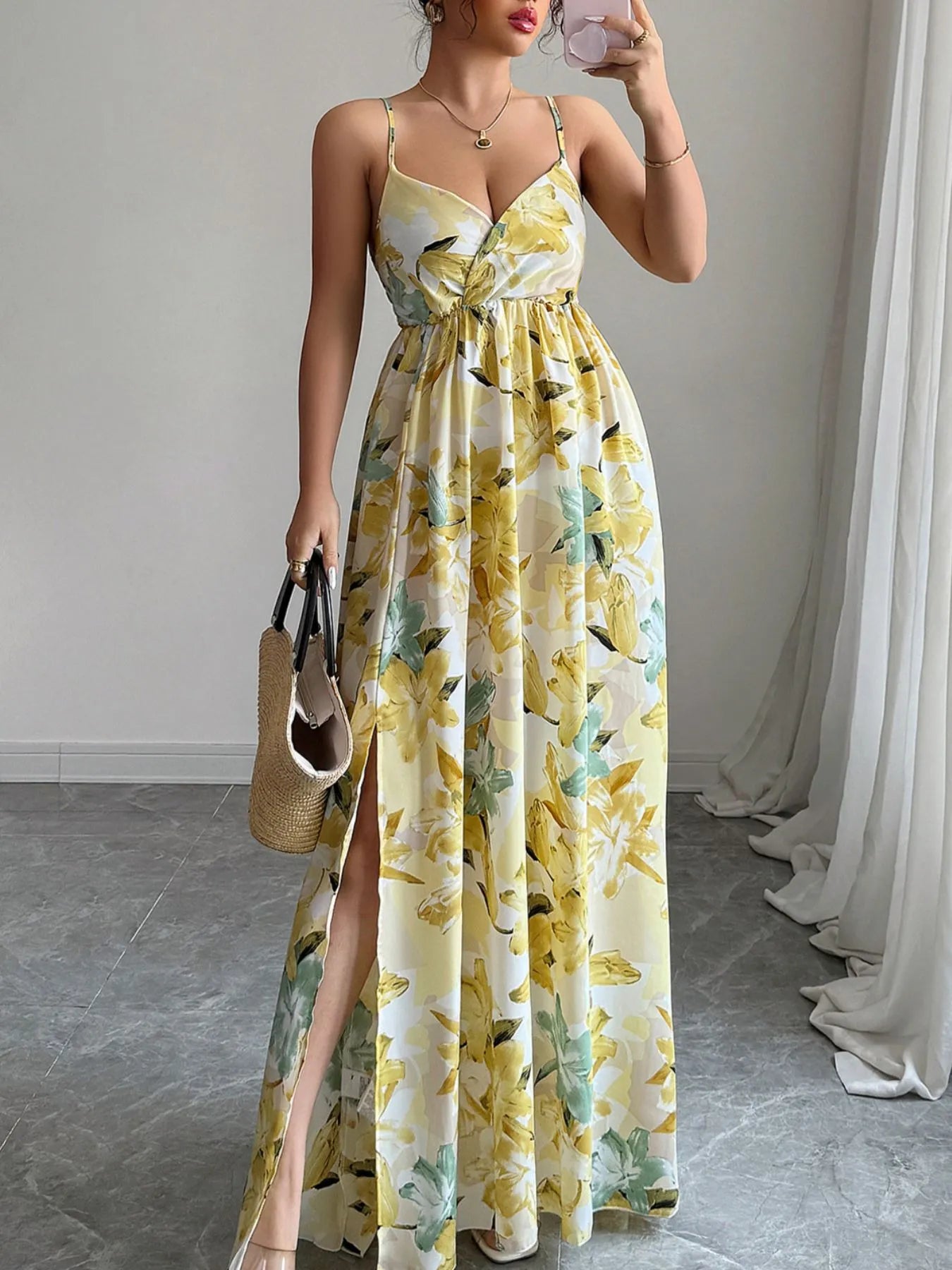 Floral Print Maxi Cami Dress with Side Slit