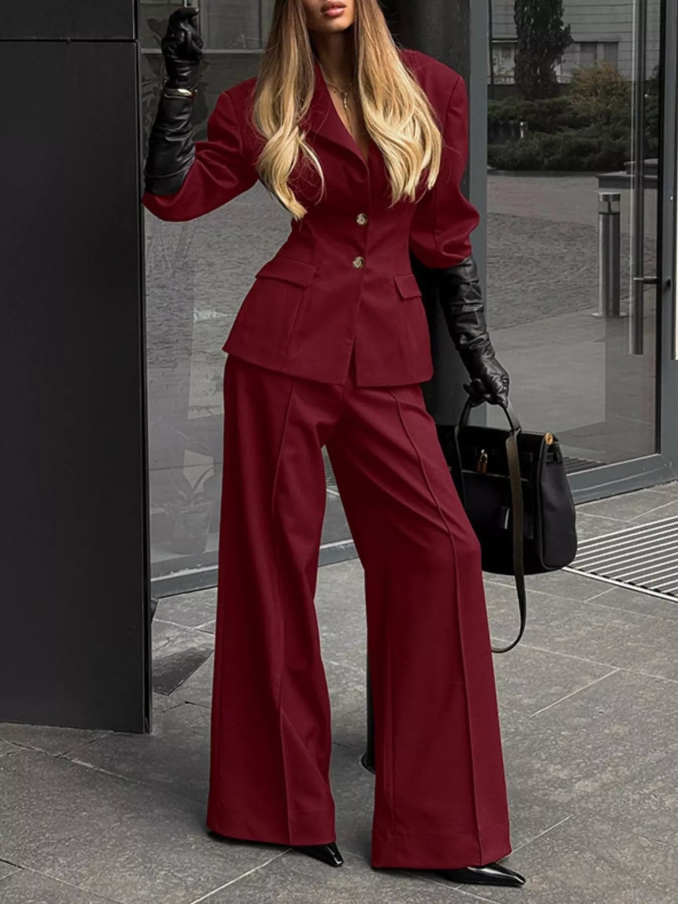 Lapel Collar Blazer and Wide-Leg Pants Set