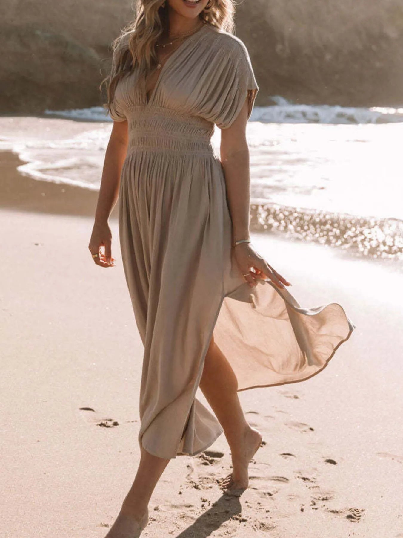 Full Size Deep V-Neck Maxi Dress with Side Slit