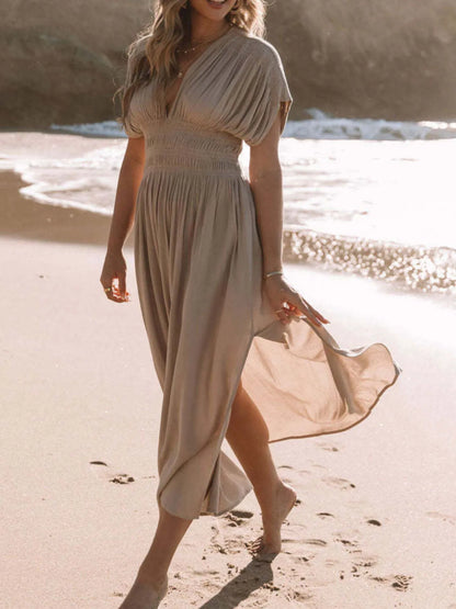 Full Size Deep V-Neck Maxi Dress with Side Slit