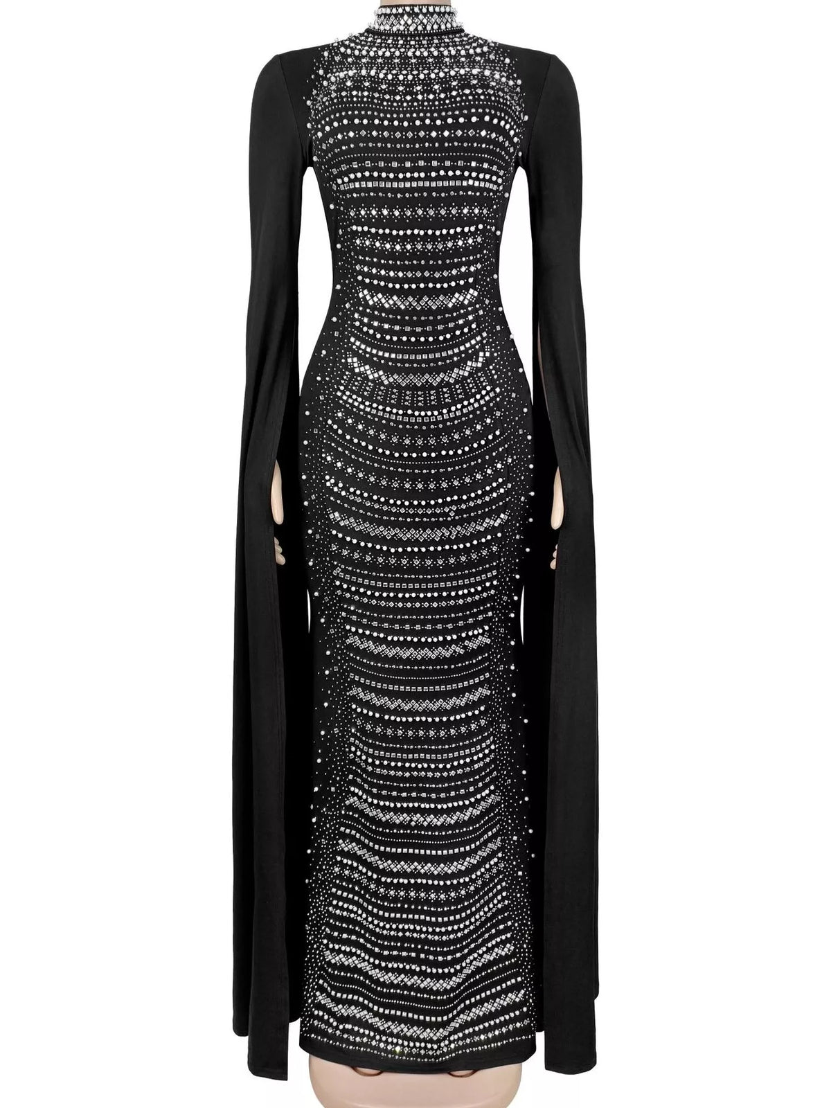 Rhinestone Slit Flare Sleeve Cape Maxi Dress