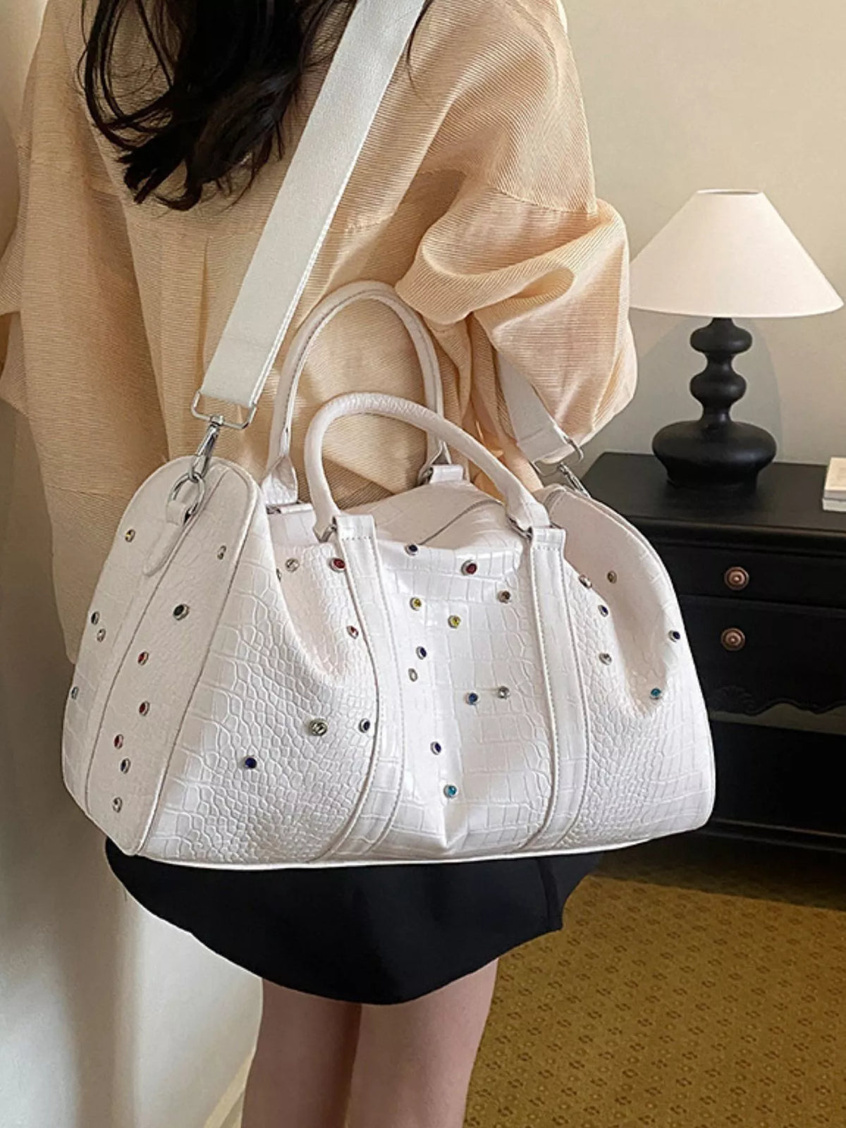 Croc-embossed weekender bag in white