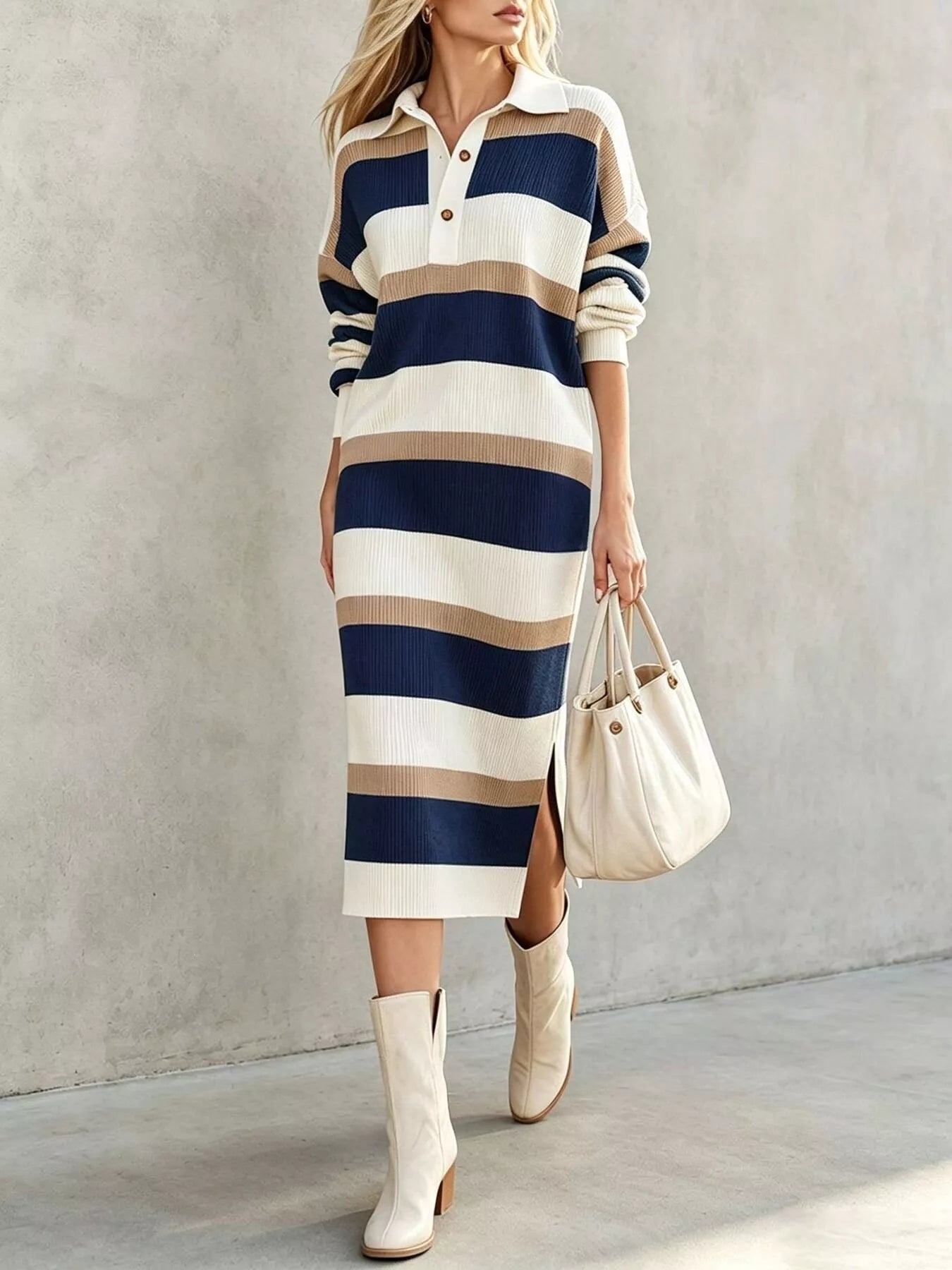 Striped Polo Collar Long Sleeve Sweater Dress