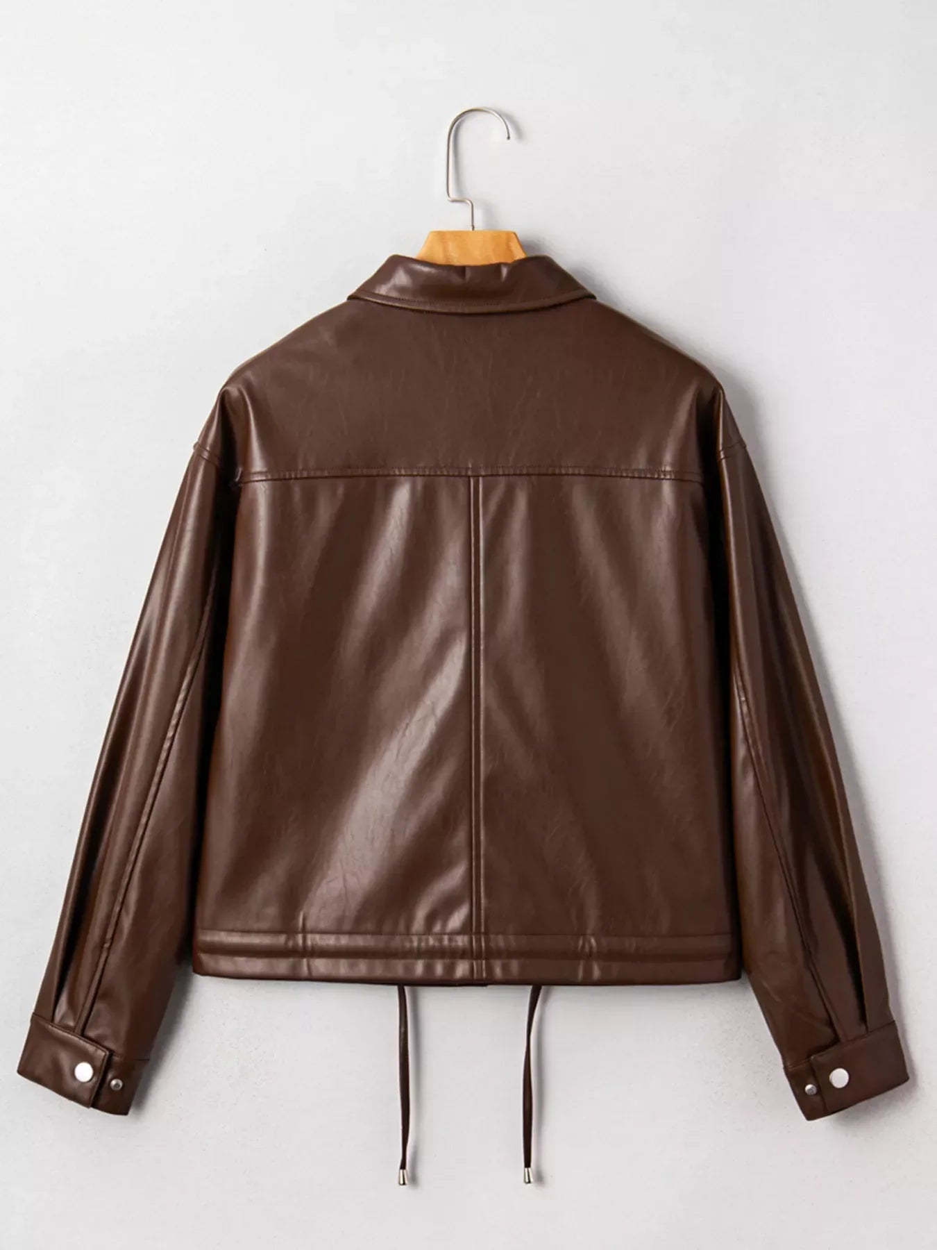 Double Flap Pocket Drawstring Hem Leather Jacket