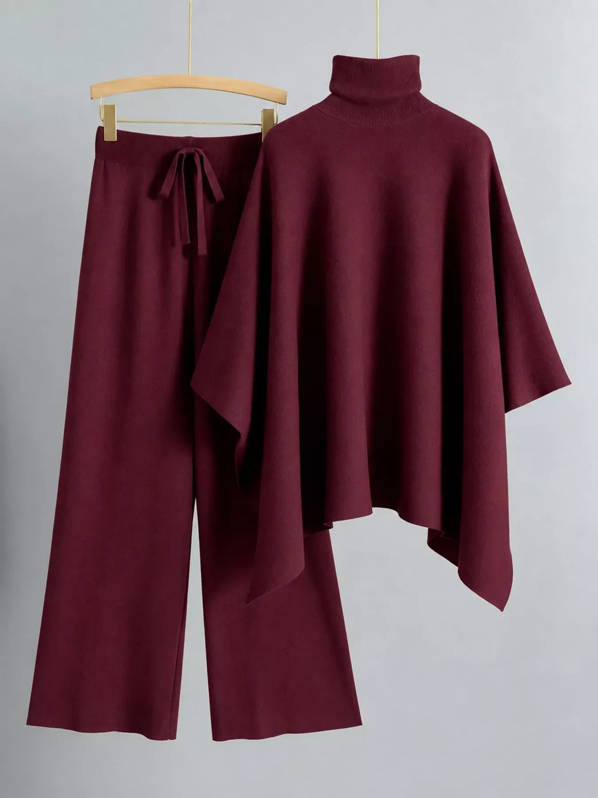 Turtleneck poncho sweater and pants set, view 7