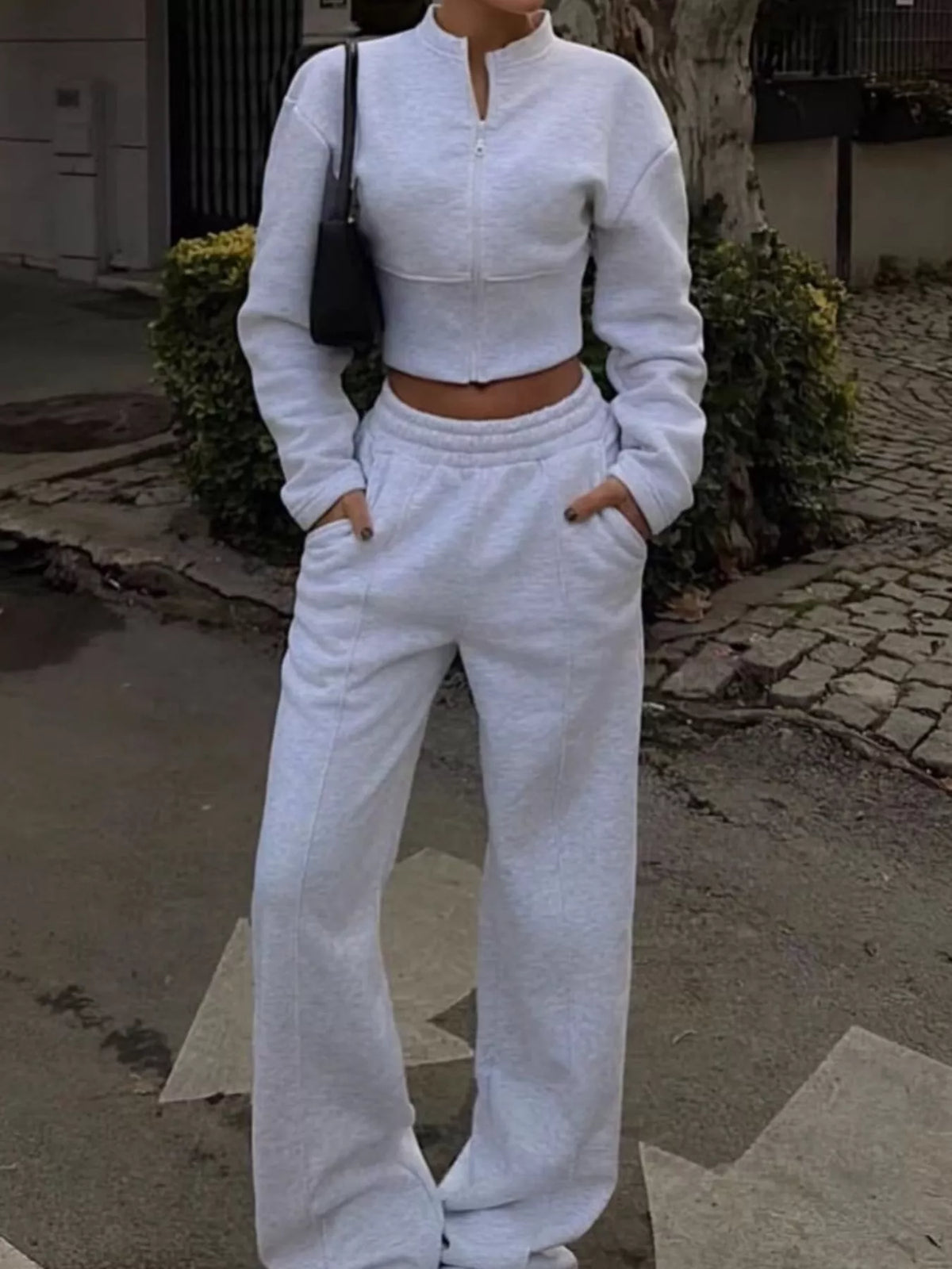 Zip-Up Crop Jacket and Wide-Leg Pants Set
