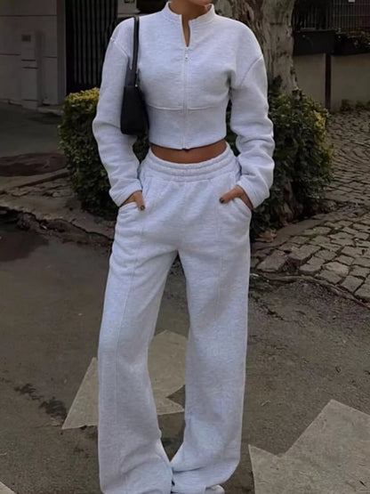 Zip-Up Crop Jacket and Wide-Leg Pants Set