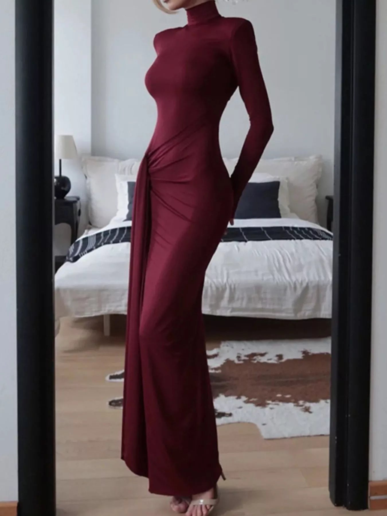 Turtleneck Long Sleeve Slit Maxi Dress