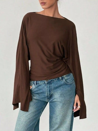 Boat Neck Slit Batwing Sleeve Top