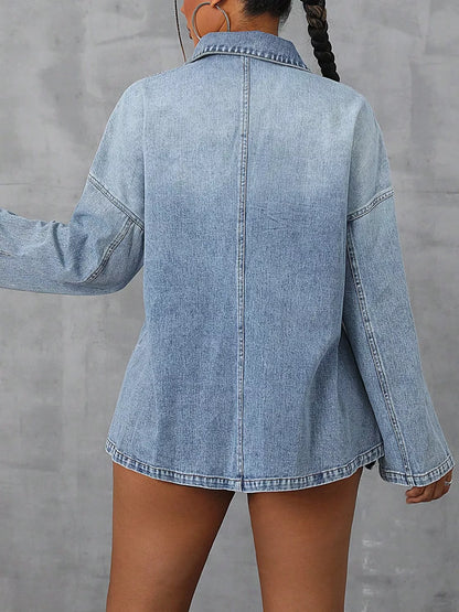 Collared Neck Drop Shoulder Denim Top