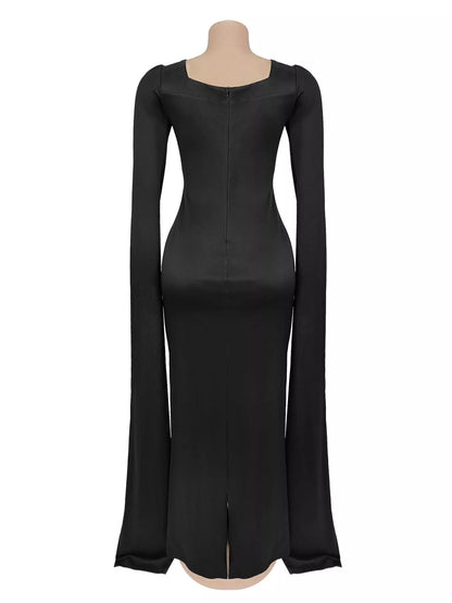 Rhinestone Square Neck Slit Sleeve Maxi Dress