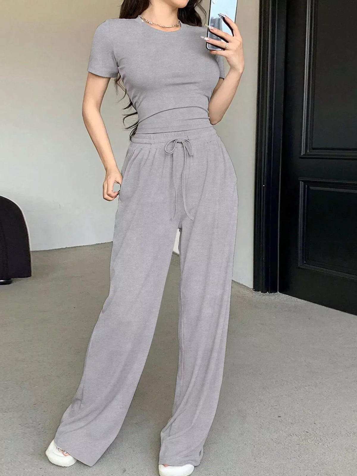 Solid Color Short Sleeve Crop Top and Wide Leg Pants Set