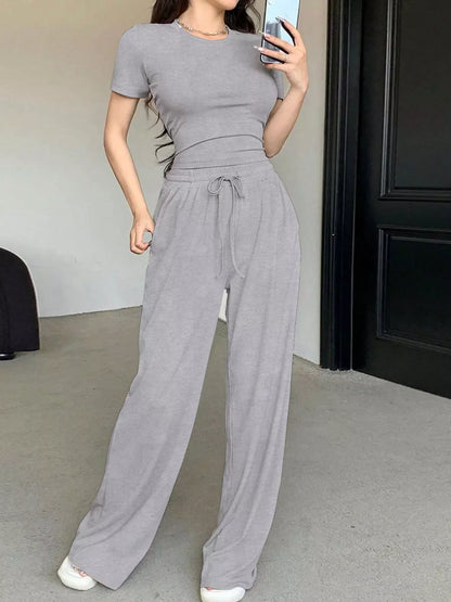 Solid Color Short Sleeve Crop Top and Wide Leg Pants Set