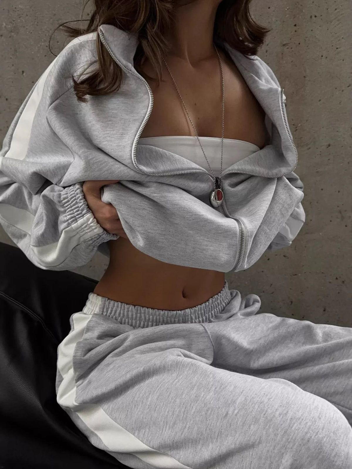 Contrast Side Stripe Zip Up Top and Pants Set