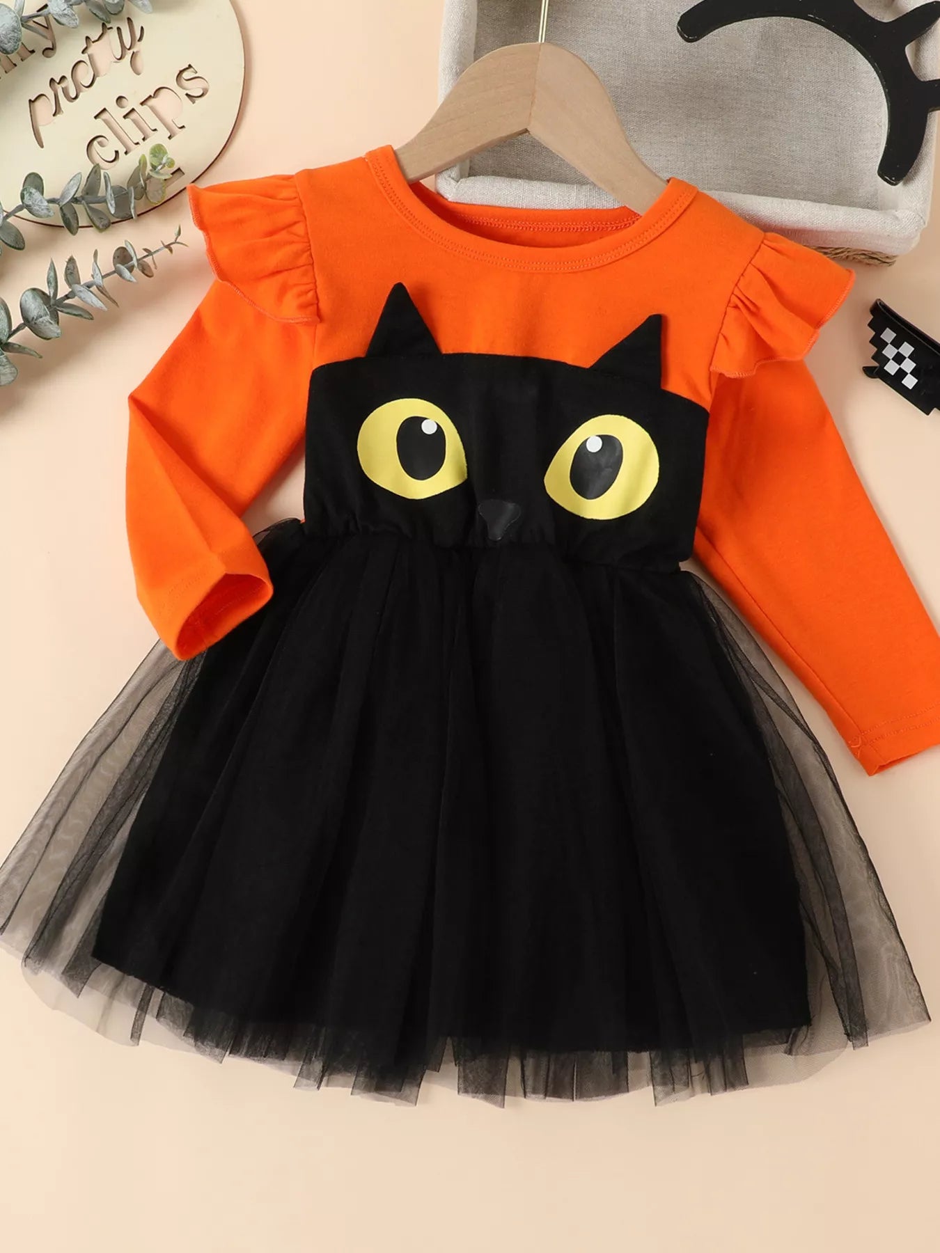Children's Halloween Cat Eye Ruffle Tulle Dress