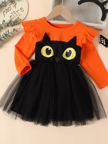 Children's Halloween Cat Eye Ruffle Tulle Dress
