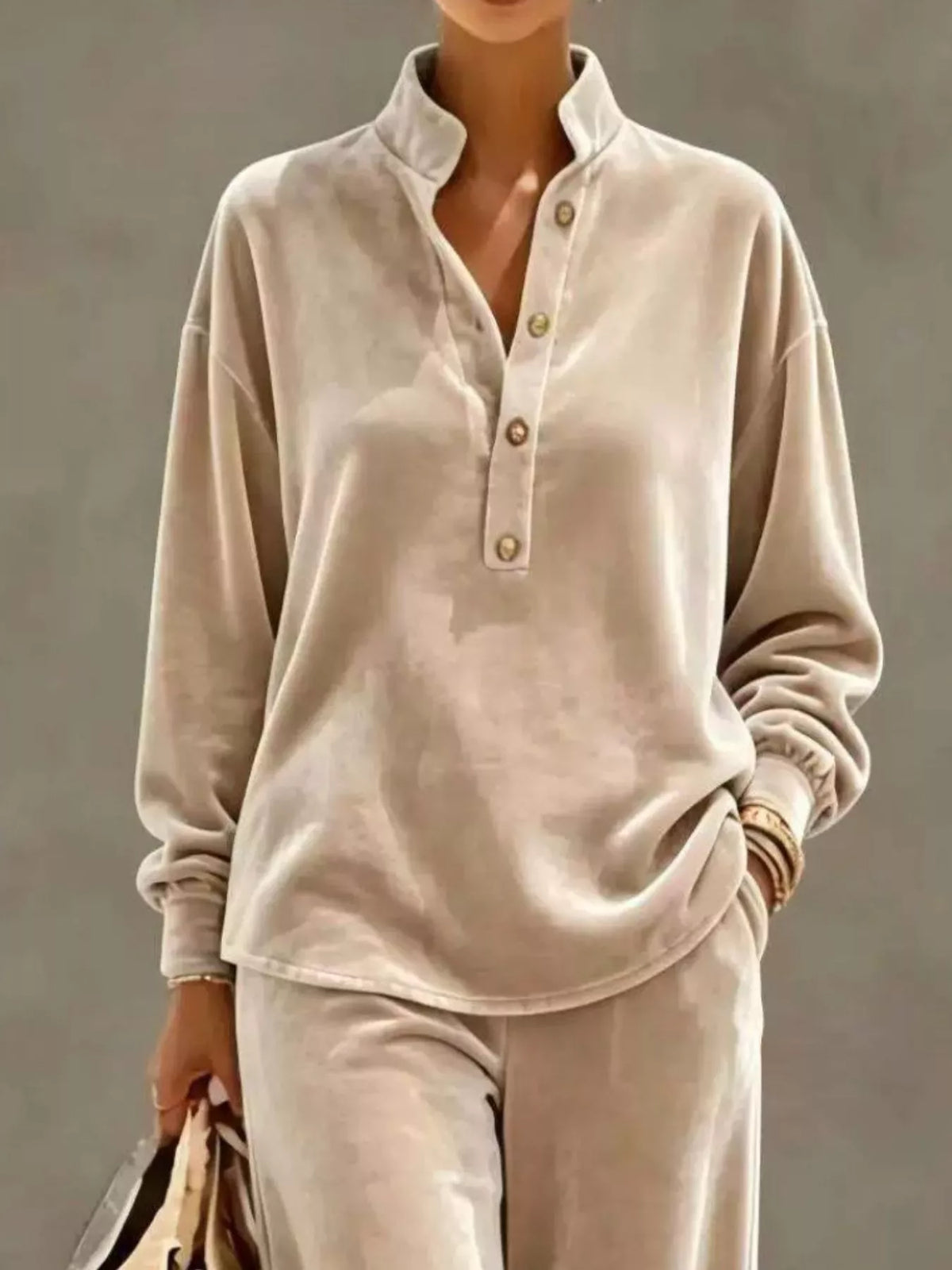 Plus Size Half Button Top & Wide Leg Pants Set