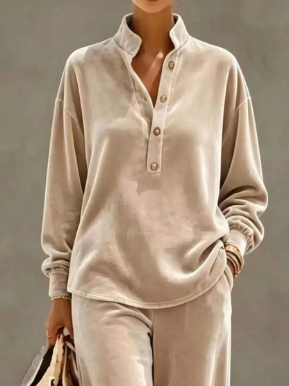 Plus Size Half Button Top & Wide Leg Pants Set