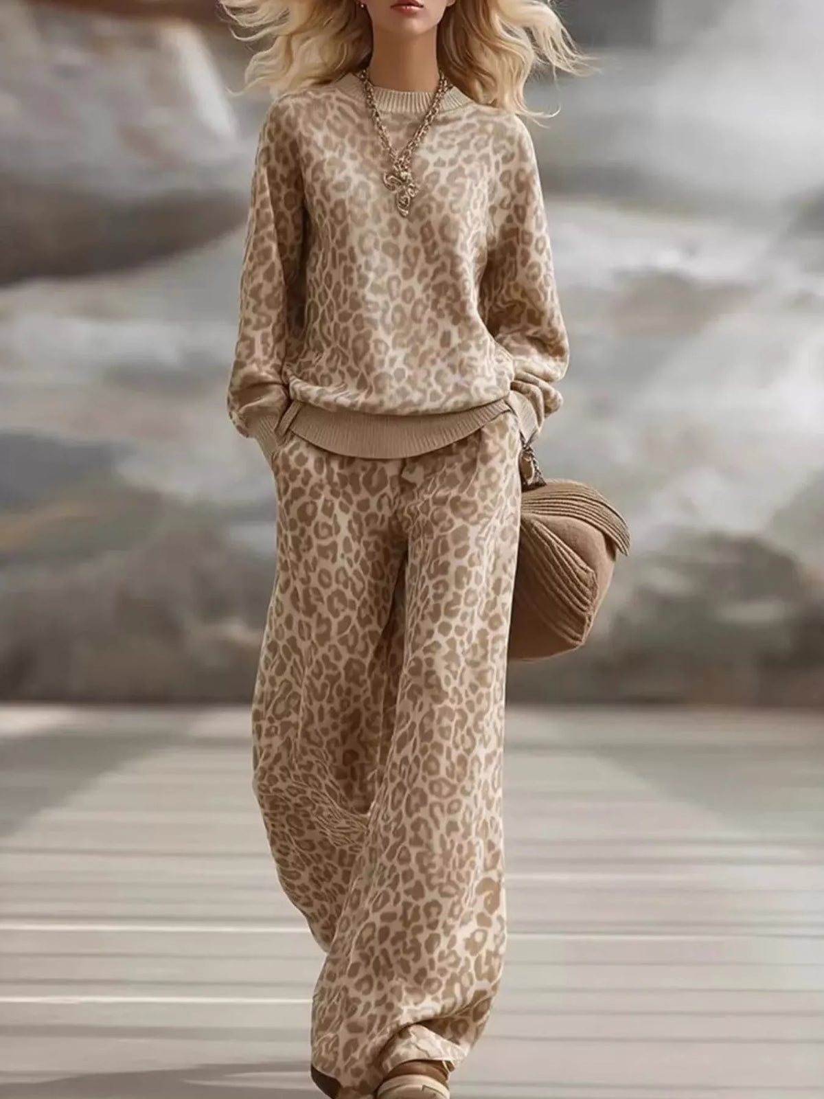Leopard Dropped Shoulder Top and Pants Set