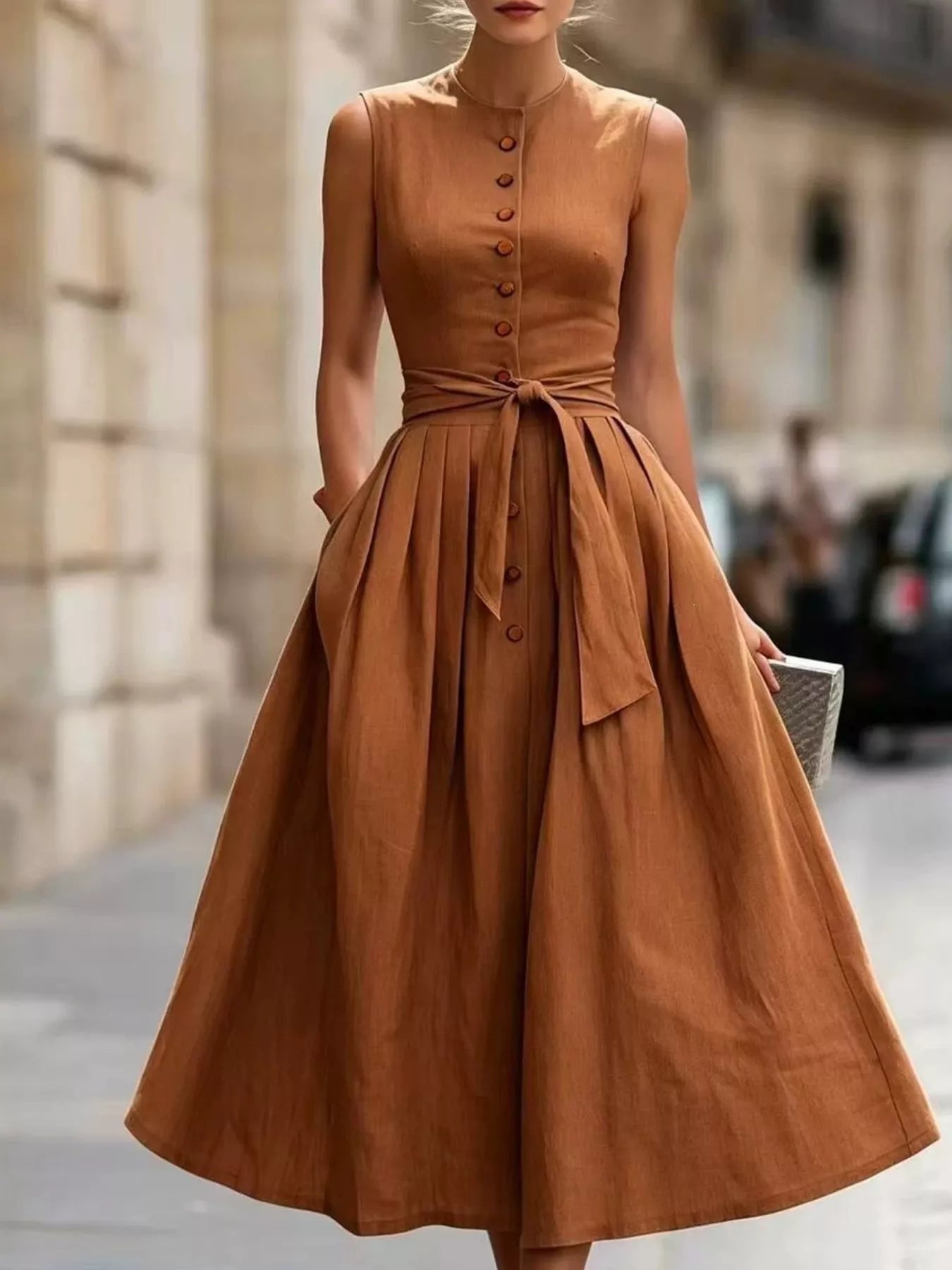 Full Size Sleeveless Button-Front Belted Midi Dress Plus Size