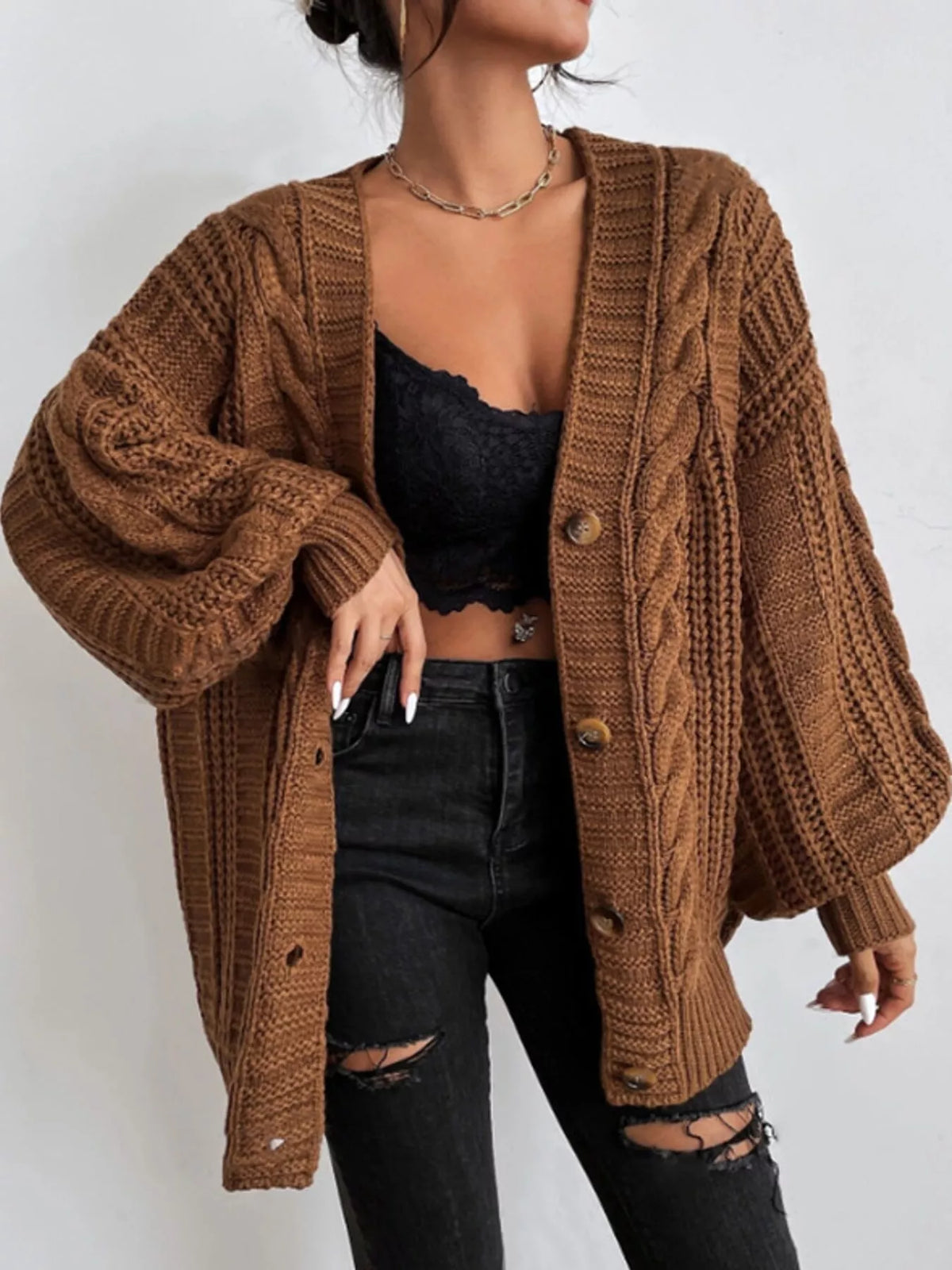 Plus size relaxed cable knit button cardigan