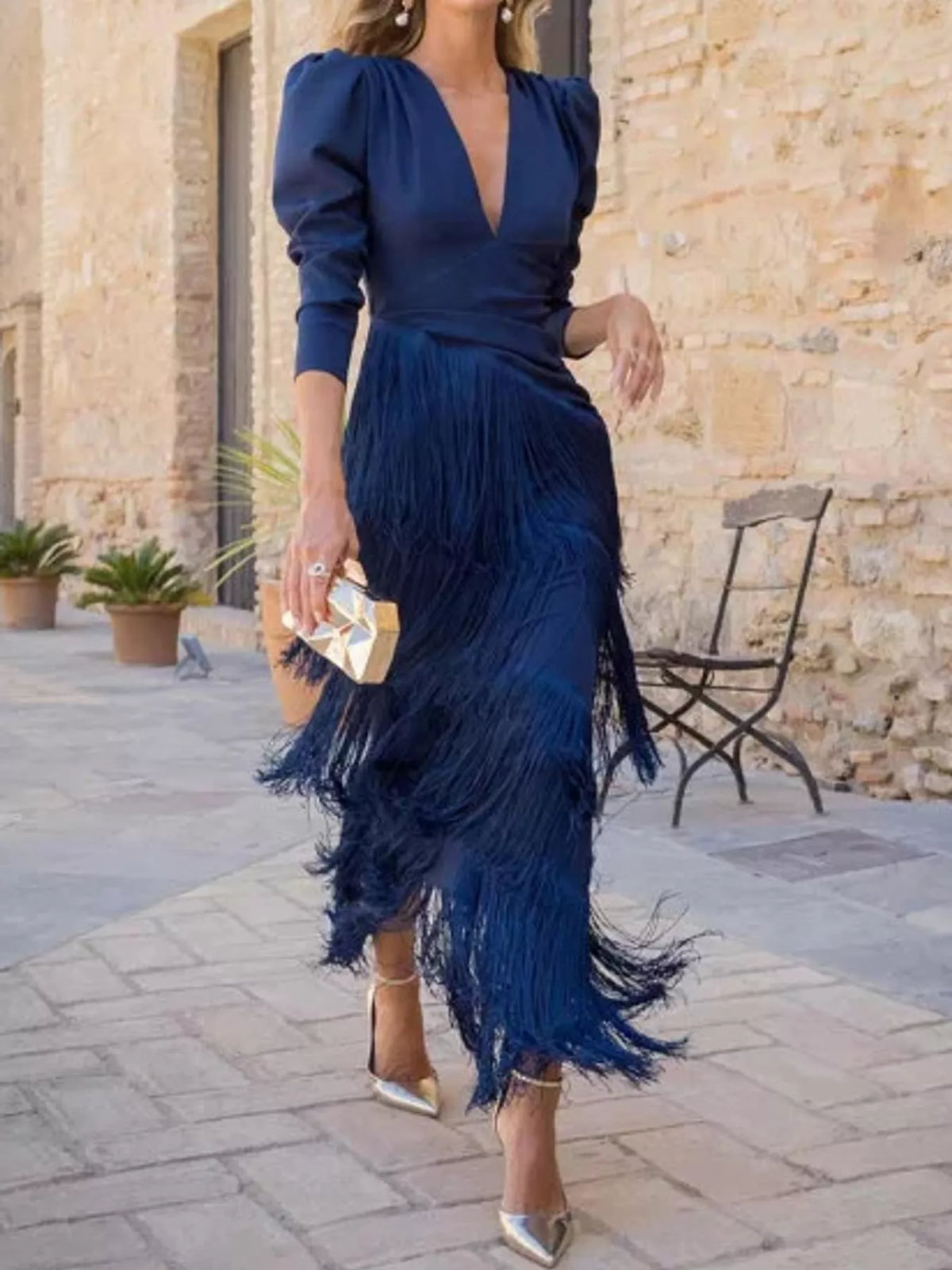 Fringed V-neck puff sleeve dress, view 9