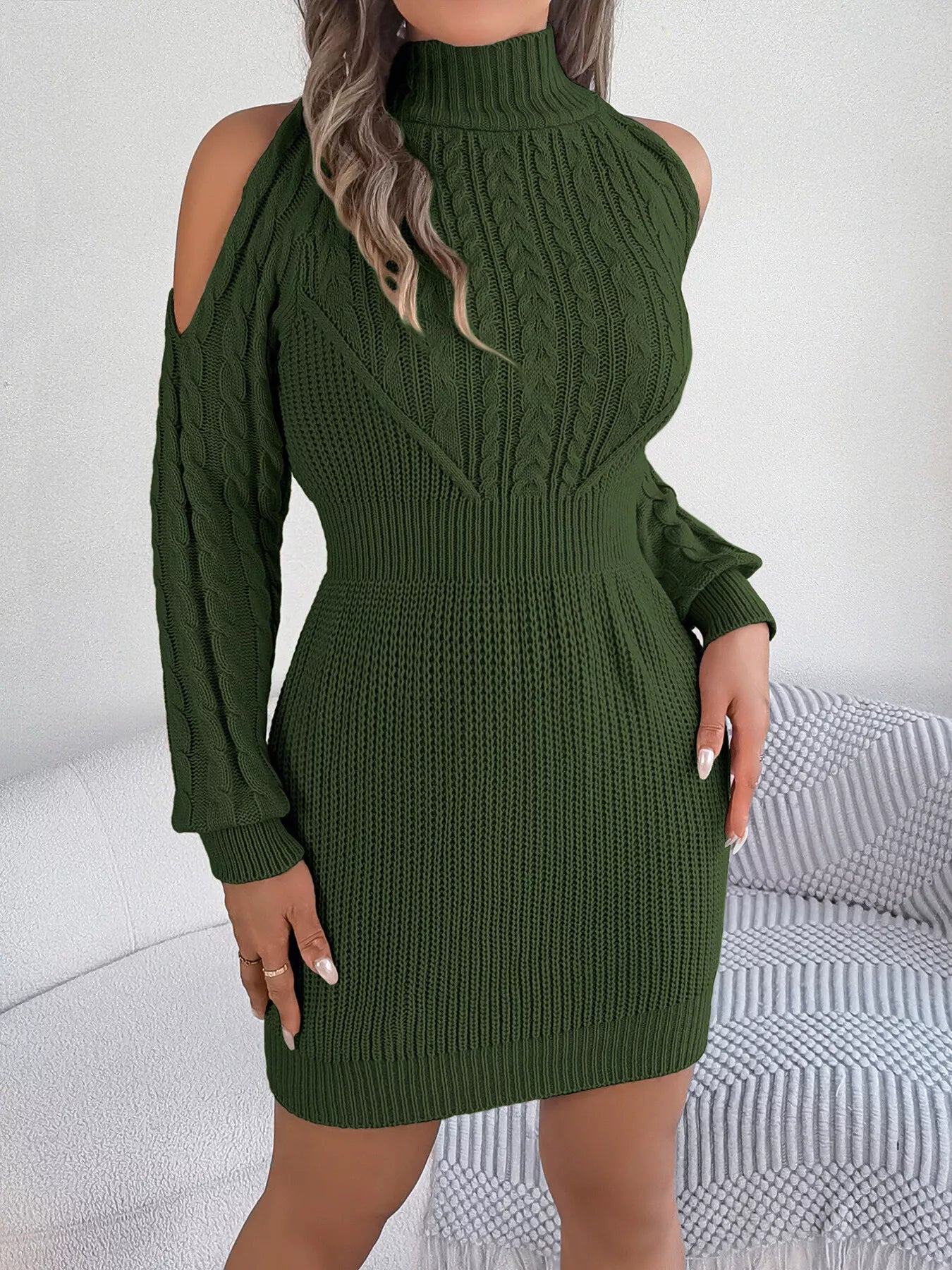 Cable Knit Turtleneck Sweater Dress