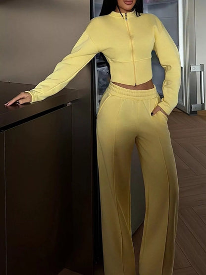 Zip-Up Crop Jacket and Wide-Leg Pants Set