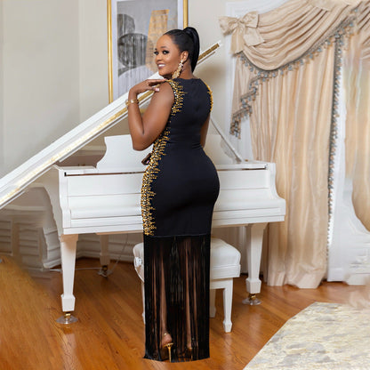 Hot stamping sleeveless fringe long dress