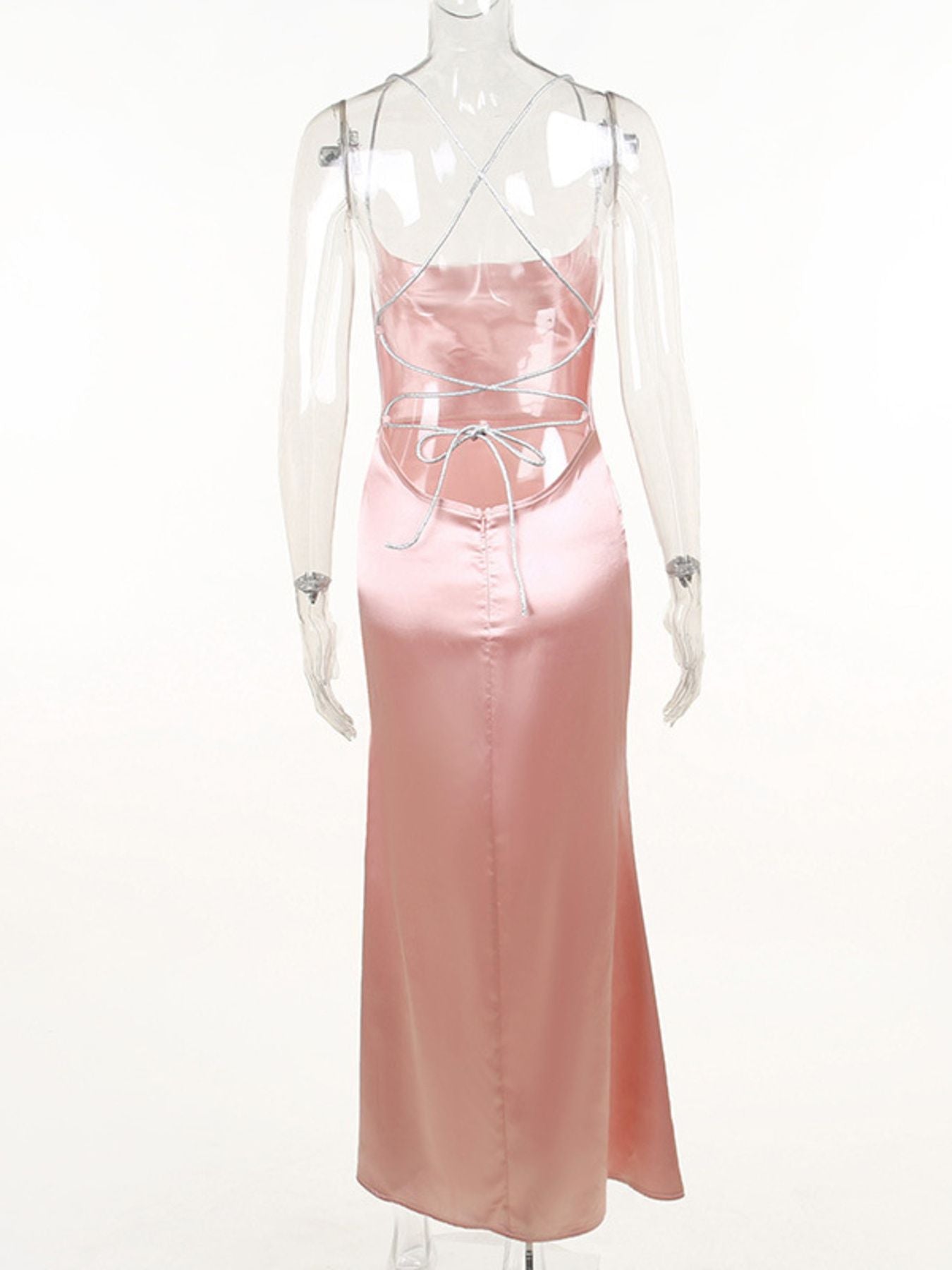 Slinky Satin Cowl Neck High Slit Dress with Back Lace Up