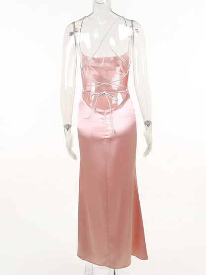 Slinky Satin Cowl Neck High Slit Dress with Back Lace Up