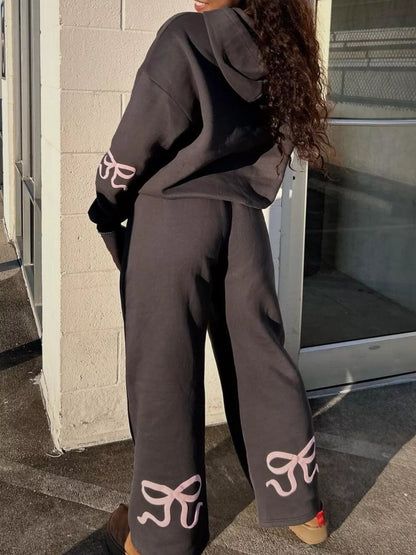 Bow and Heart Dropped Shoulder Hoodie and Pants Set