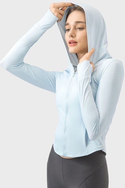 Pocketed Zip Up Hooded Long Sleeve Active Outerwear - MONLANE