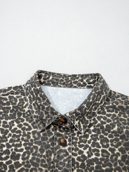 Leopard Print Short Sleeve Denim Shirt