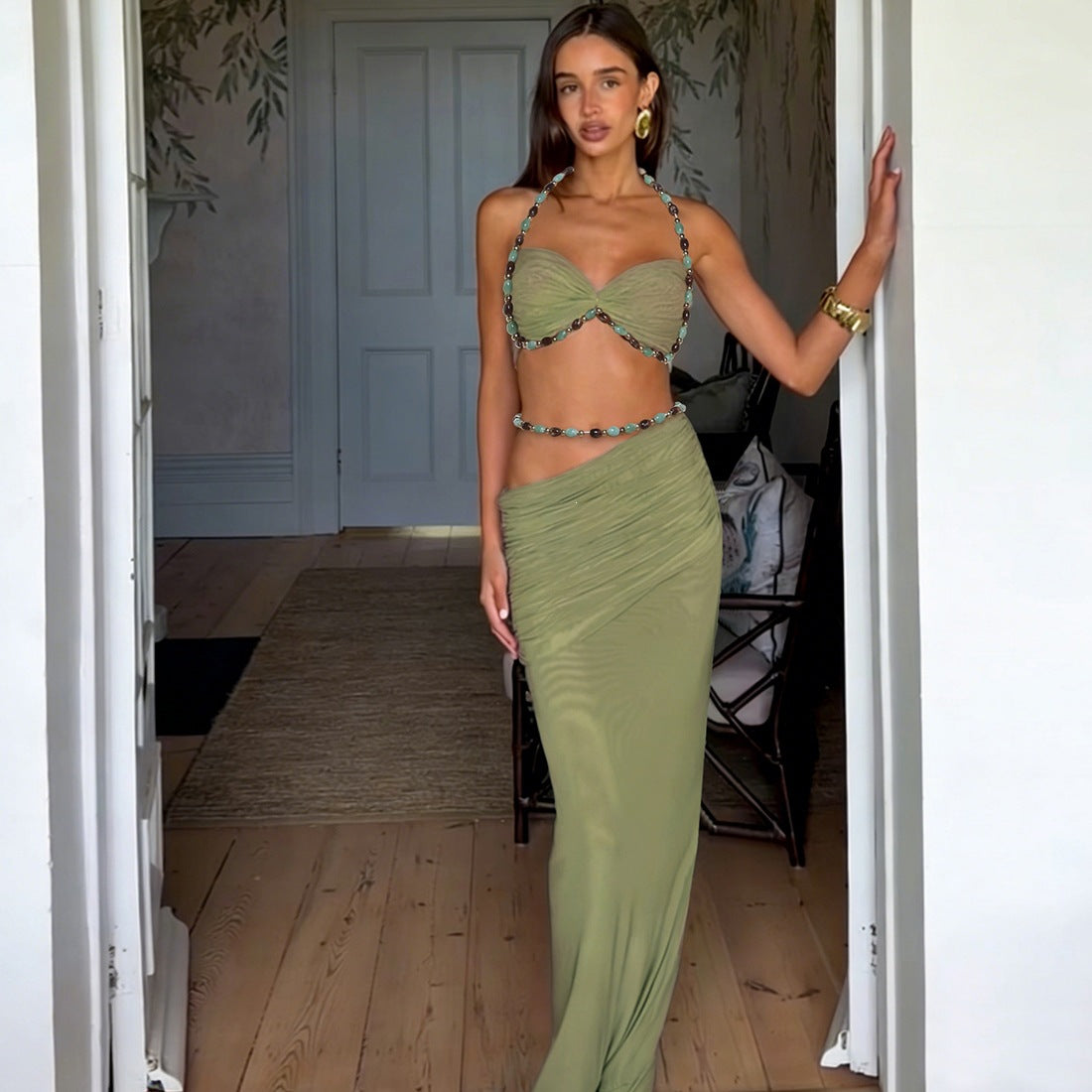 Sleeveless neck hanging small suspender high waisted hip hugging skirt
