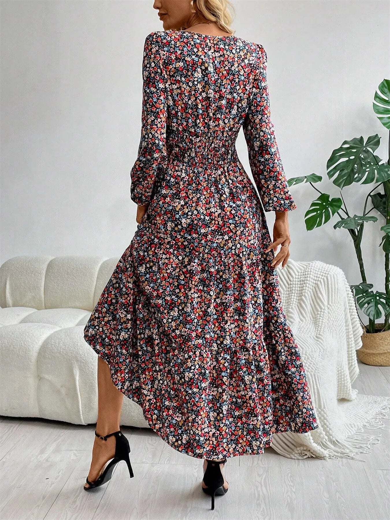 Printed V-Neck Long Sleeve Dress