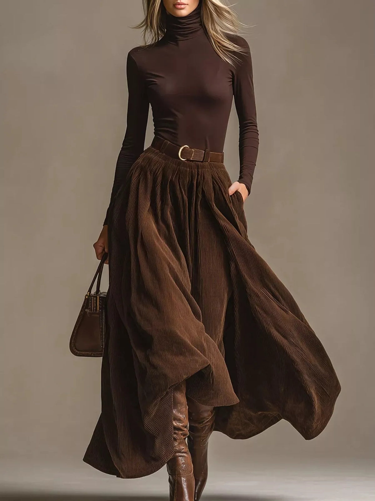 Turtleneck Long Sleeve Top and Maxi Skirt Set