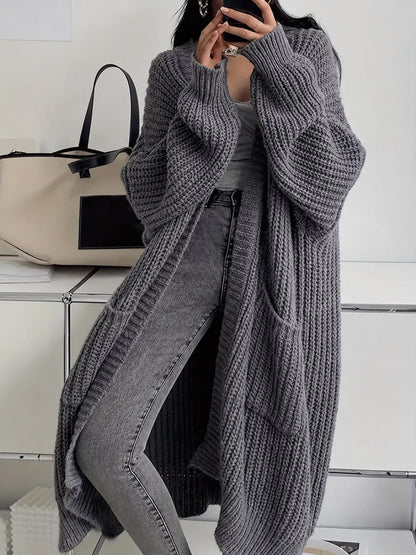 Women's Chunky Knit Openwork Cardigan with Pockets, S to 5XL
