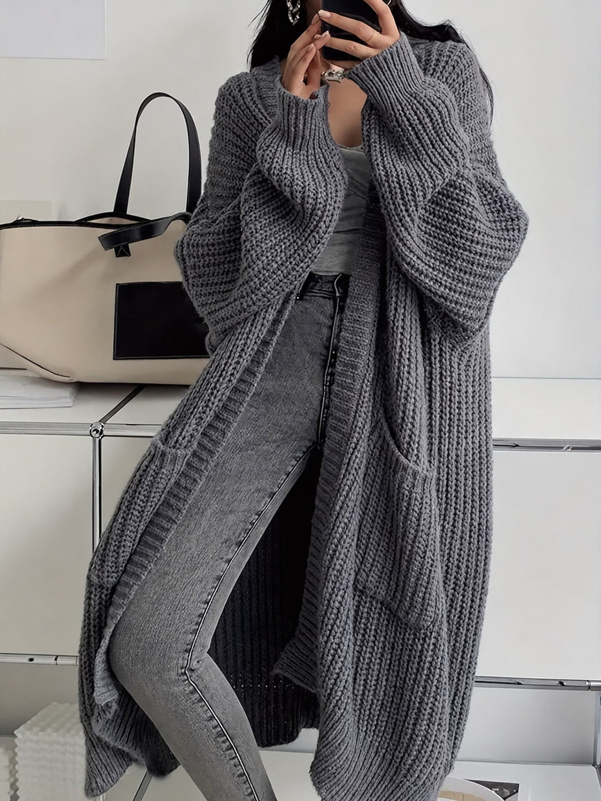 Women's Chunky Knit Openwork Cardigan with Pockets, S to 5XL