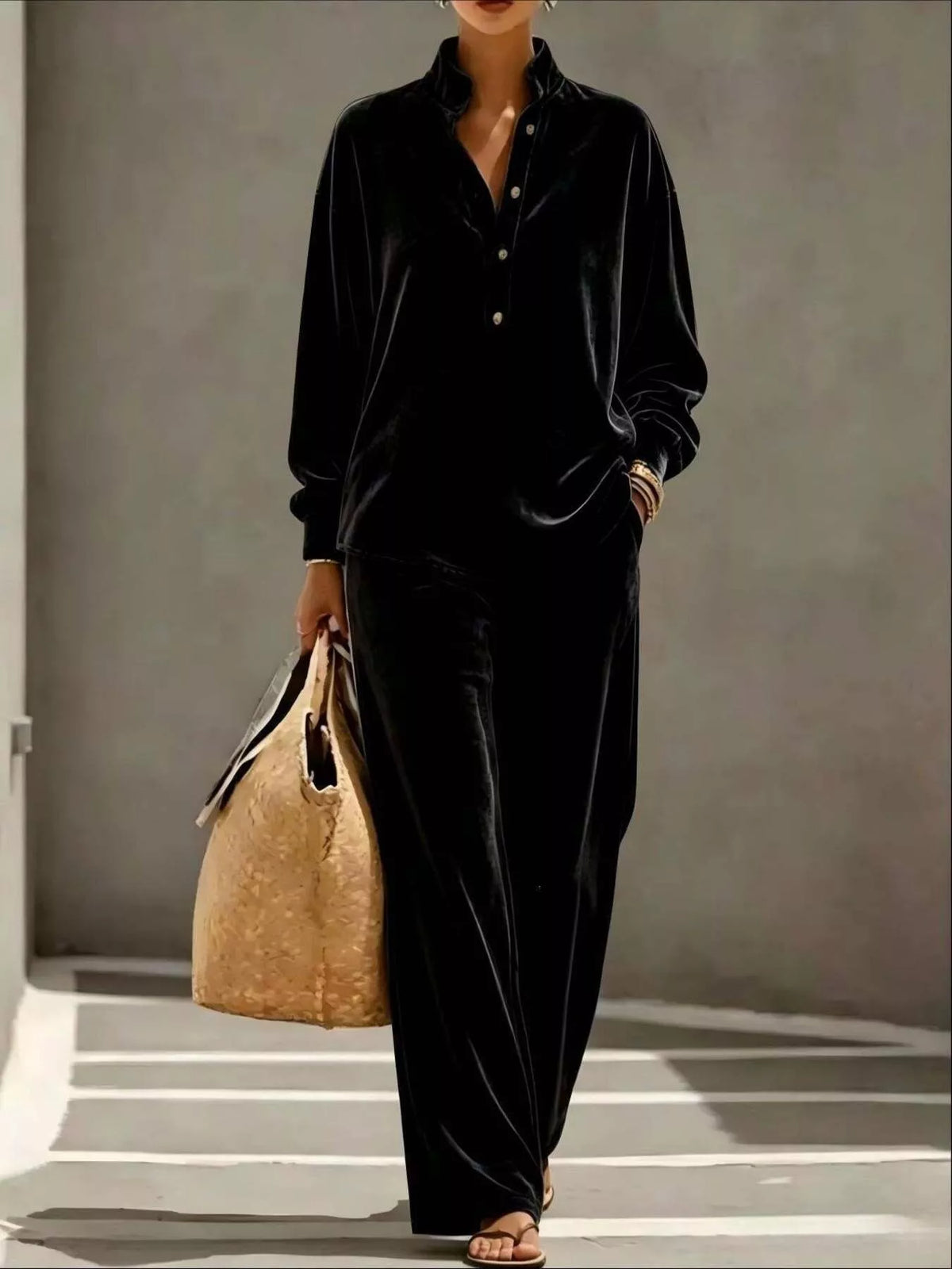 Plus Size Half Button Top & Wide Leg Pants Set