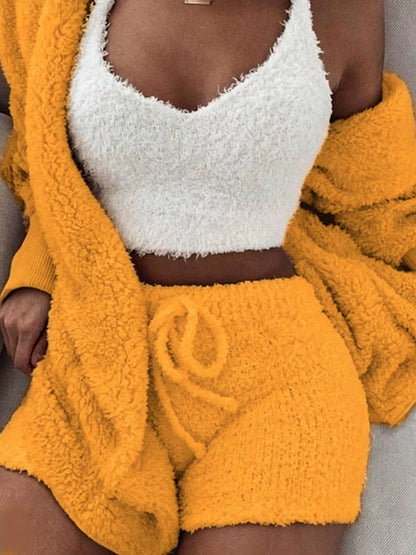 Fuzzy cardigan and shorts set, view 7