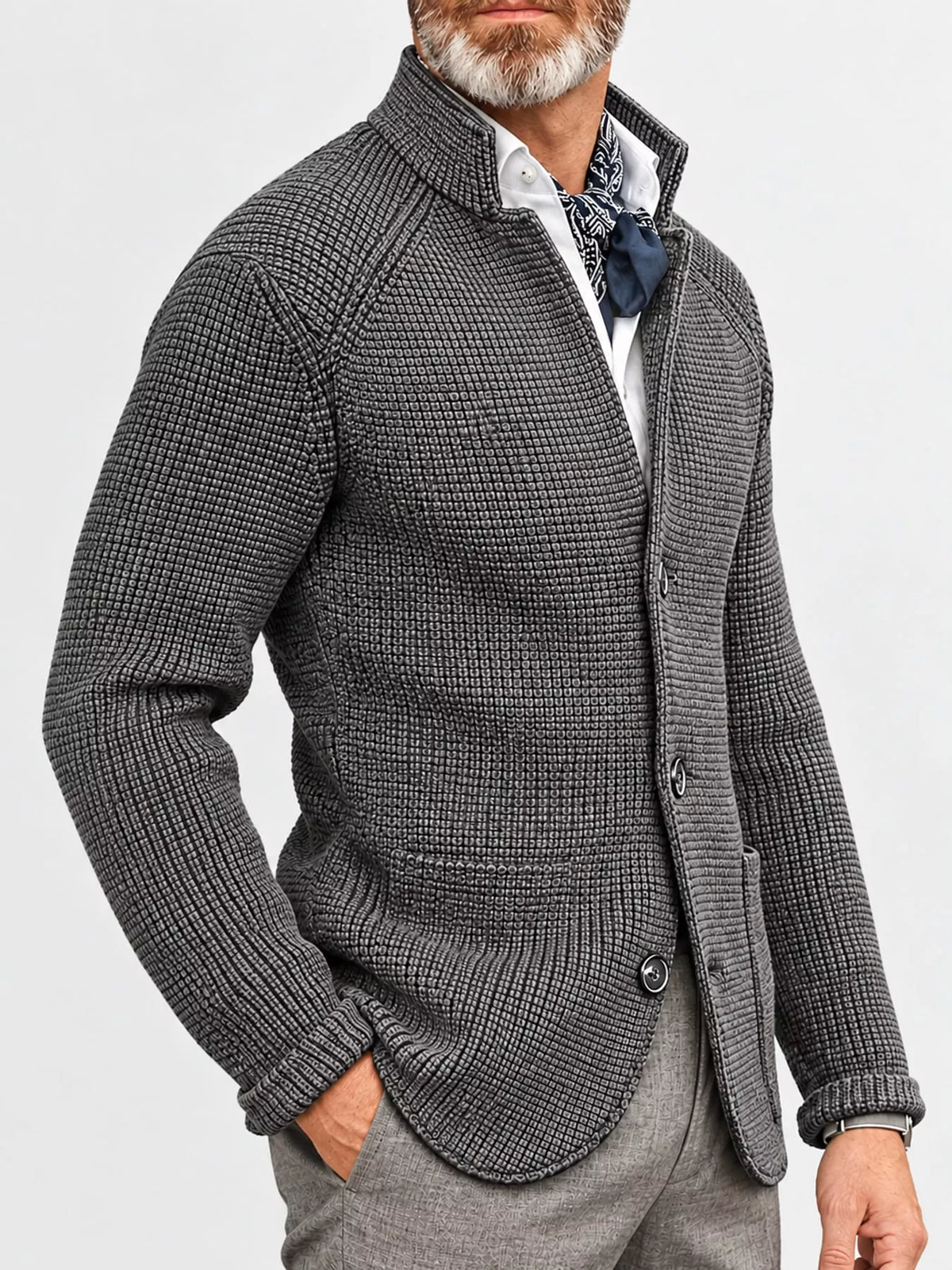 Men's knit stand-collar cardigan, view 9