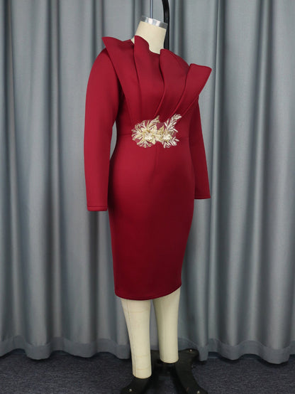 Embroidered Long Sleeved Evening Dress
