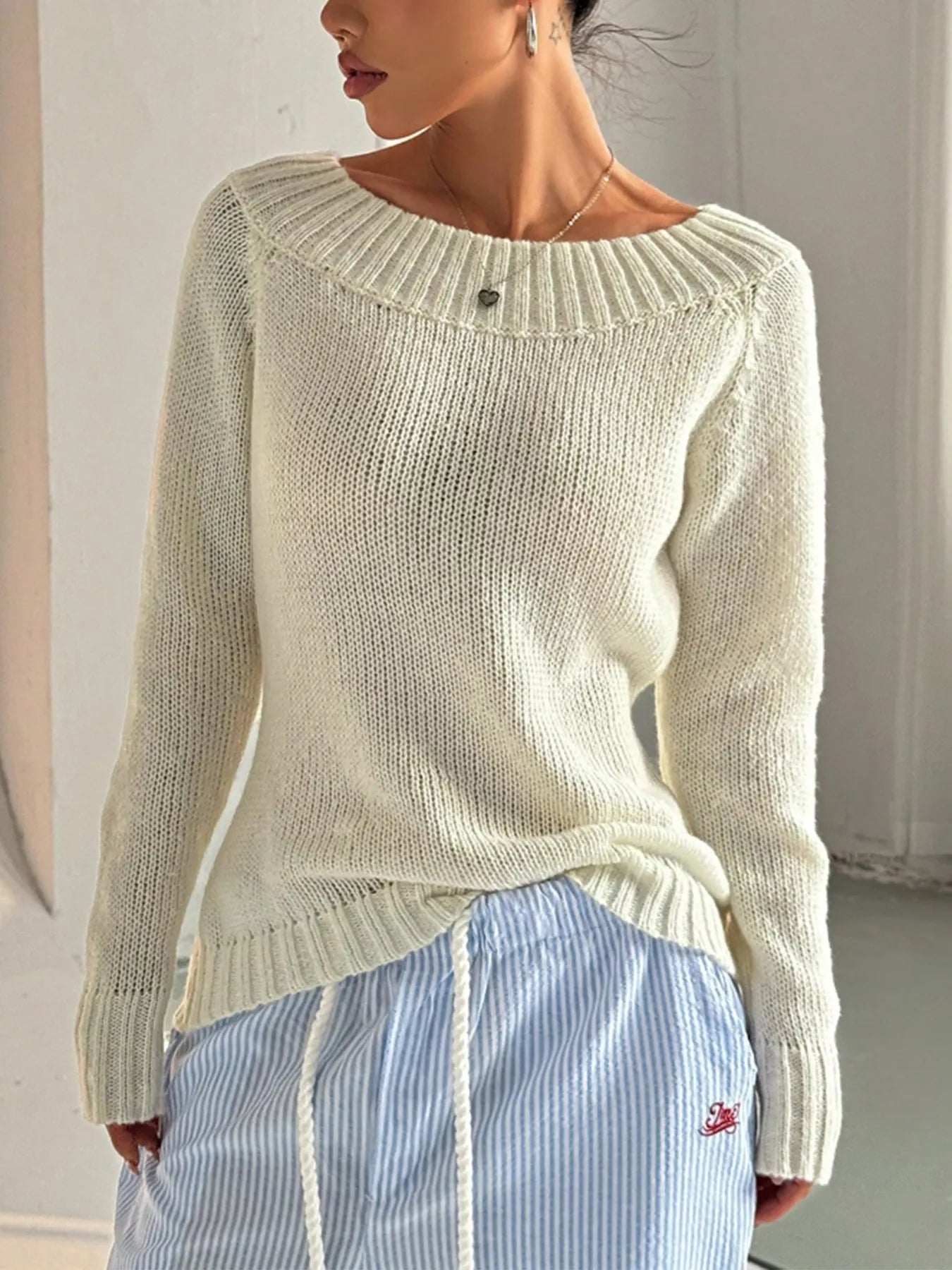 Ribbed Knit Boat Neck Sweater