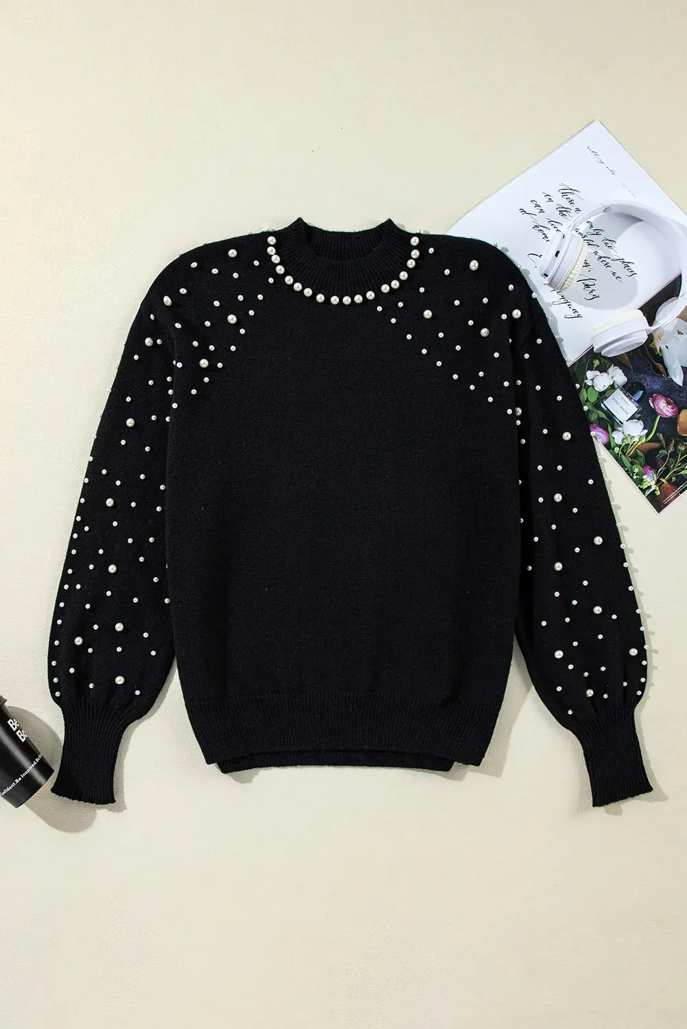 Pearl Detail Mock Neck Sweater